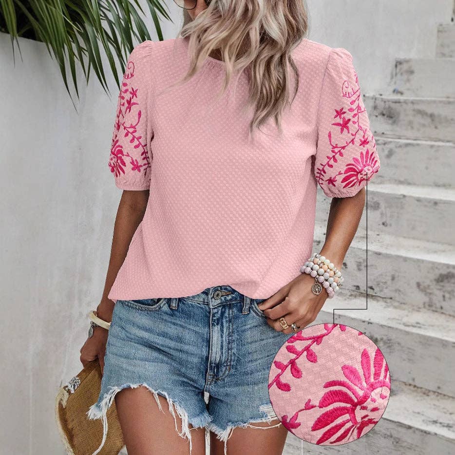 Puff Sleeve Embroidered Blouse for Women Summer: Green / 95% and above polyester (polyester fiber) / XL