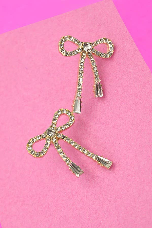 RHINESTONE BOW DROP EARRING - GOLD
