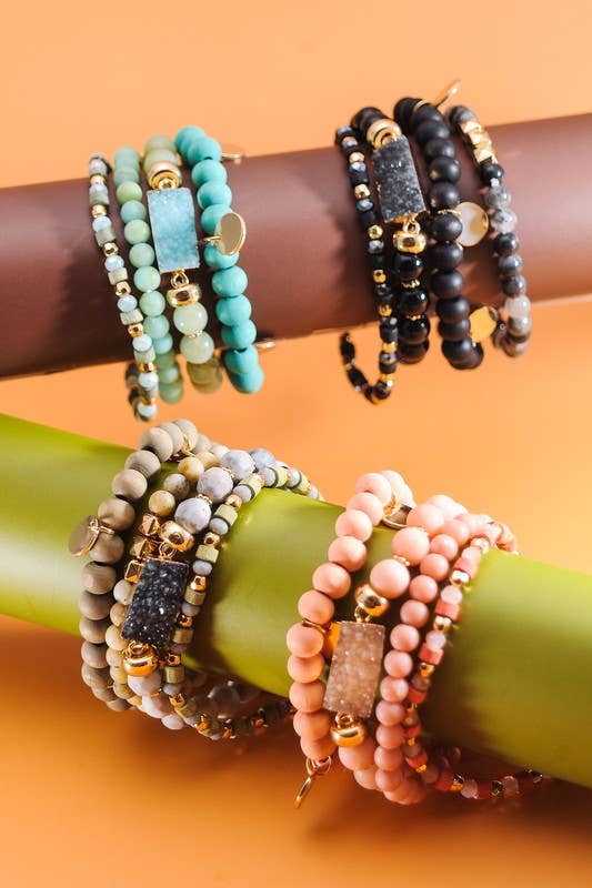 DRUZY WOOD NATURAL BEAD 4 ROW STRETCH BRACELET SET - BLACK/GREY