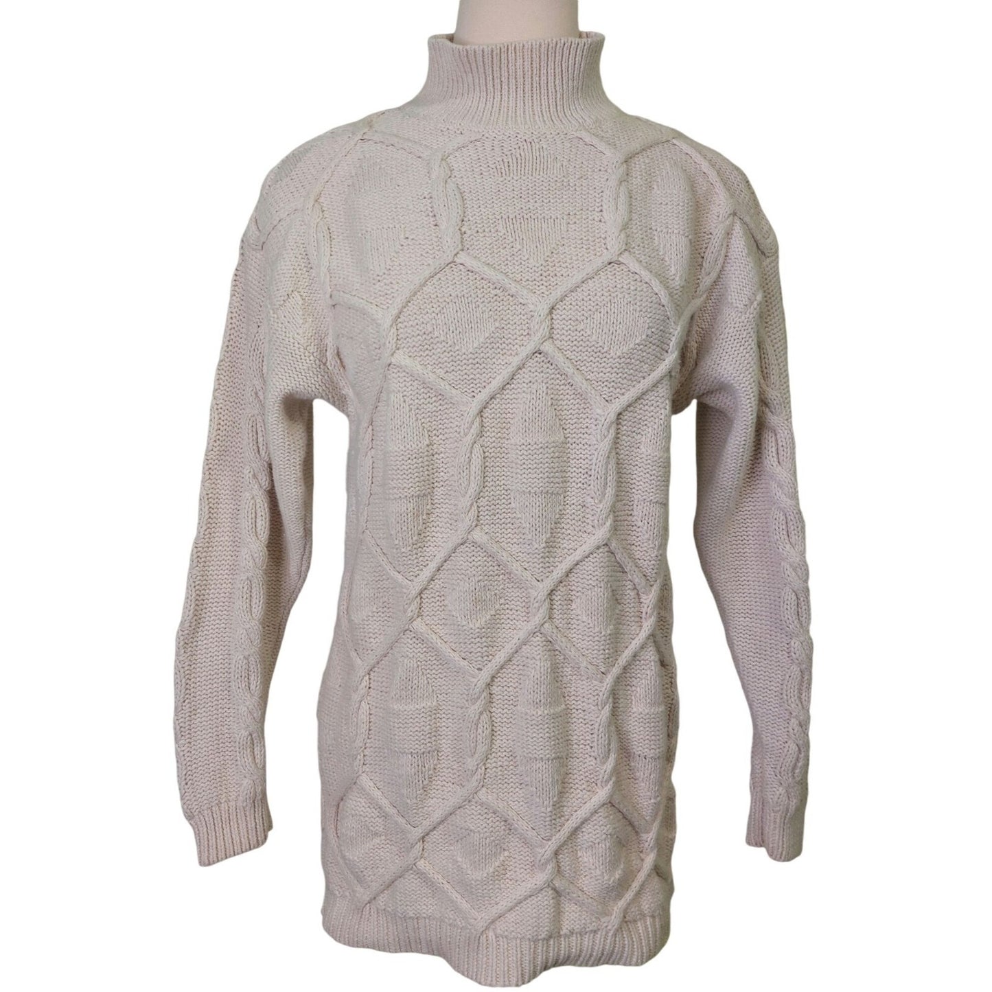 Vintage Mixed Blues Mock Neck Ivory Cable Knit Sweater Medium~80's~Heavy/Thick