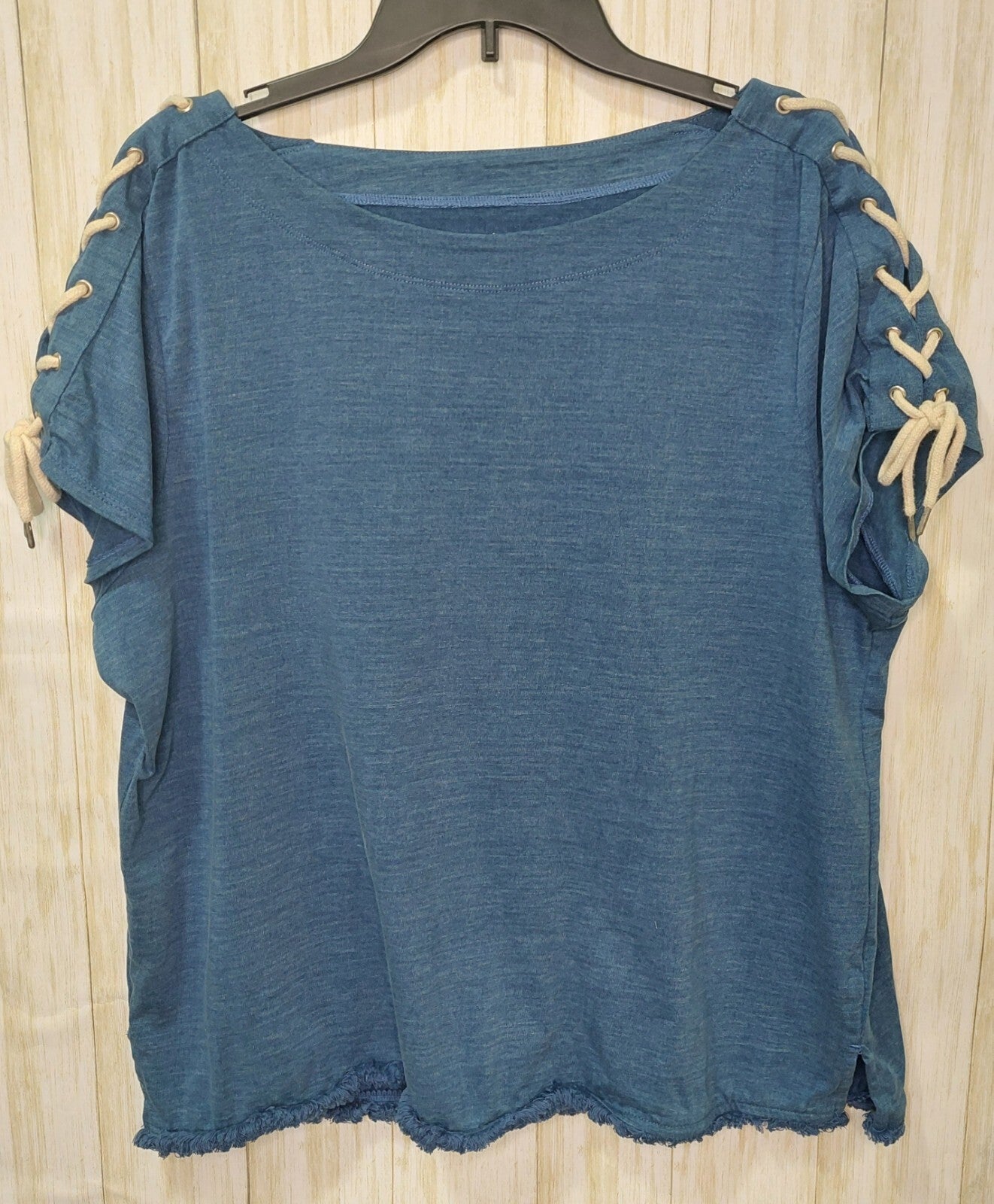 Chicos Women's Top Size 3 (XL/16) Blue~Rope Tie~ Nautical~Fringe~Boho Beachy