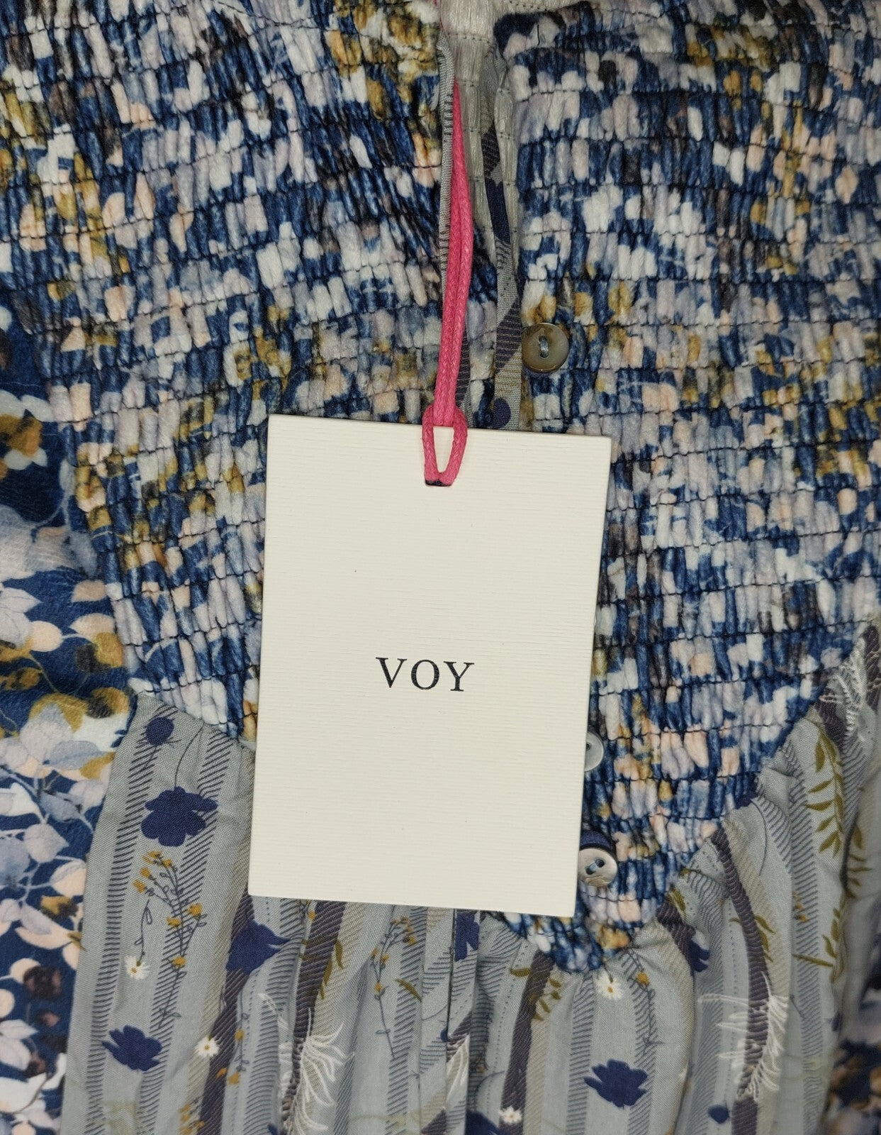 Voy Womens Top Size Small Gray & Blue Floral Boho Long Sleeve Nwt