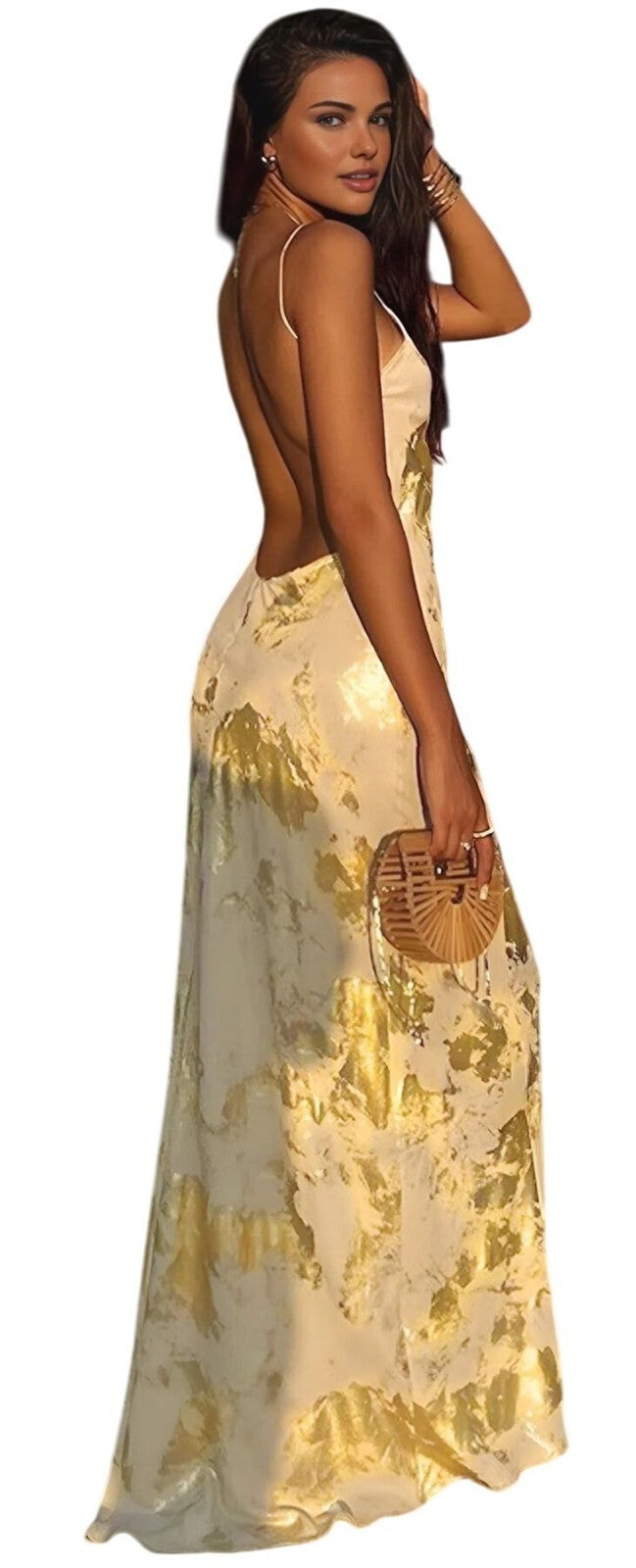 NWT Commense Metallic Print Backless Maxi Dress Size XS