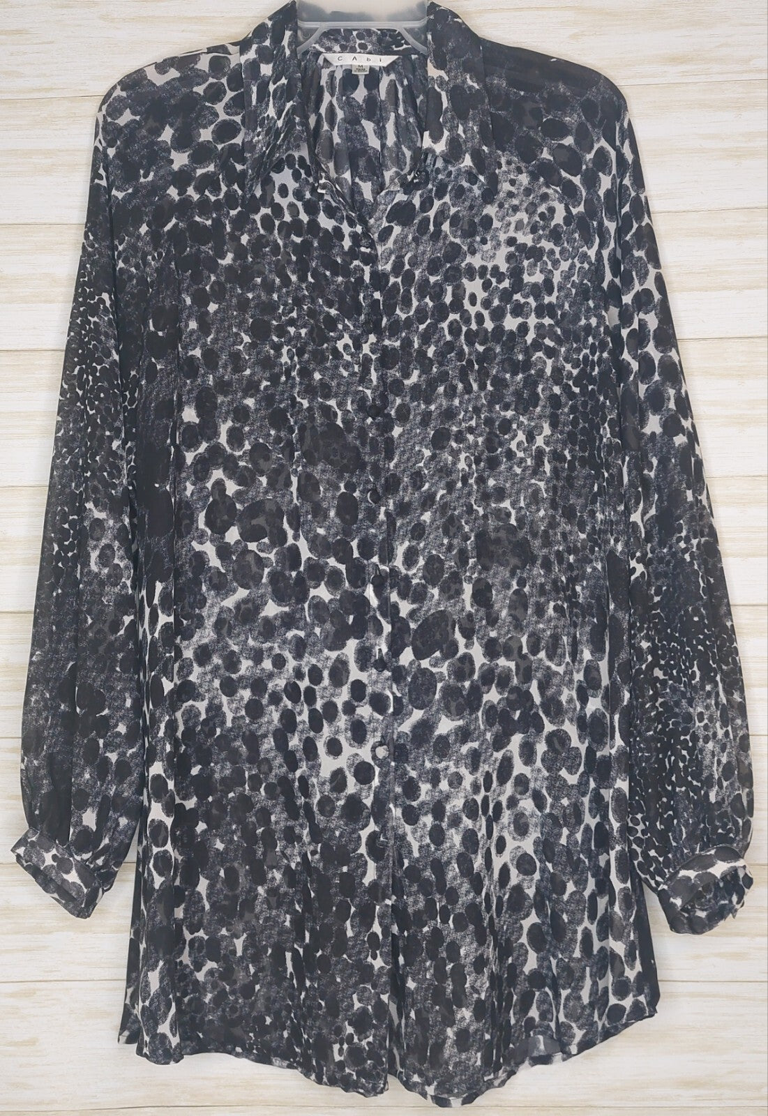 Cabi Womens Sheer Blouse Med. Black White Animal Print Button Front Long Sleeve