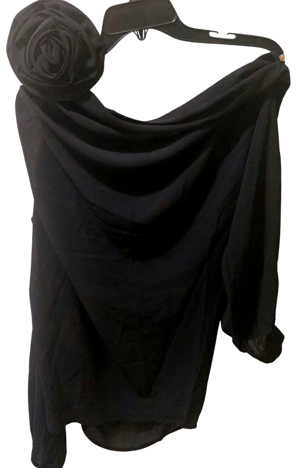 NWT Commense Sheer Black One-Shoulder Blouse W/ Rosette Detail Long Sleeve XL