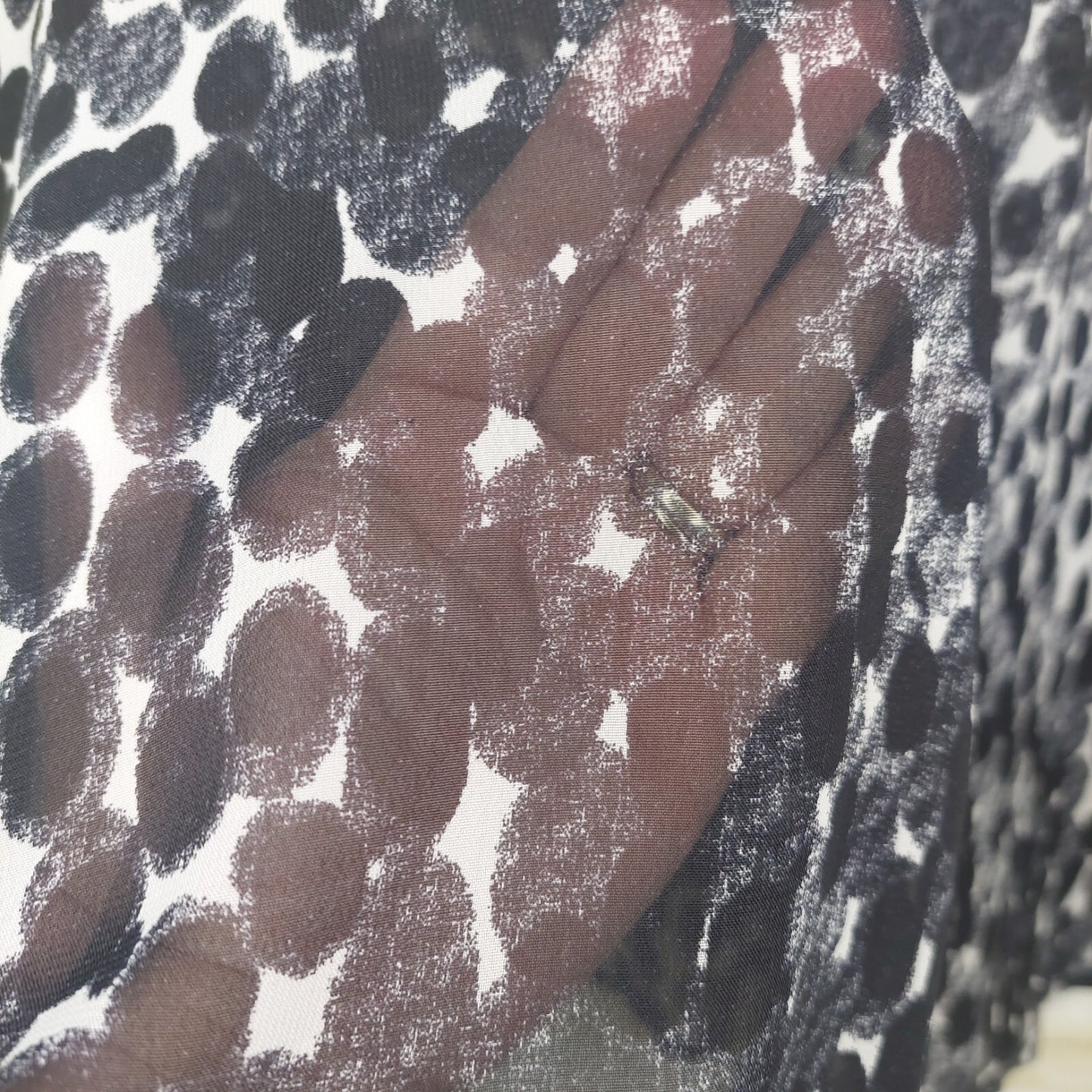 Cabi Womens Sheer Blouse Med. Black White Animal Print Button Front Long Sleeve
