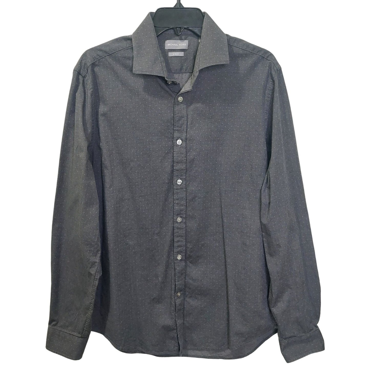 Michael Kors Mens Slim Fit Dress Shirt Size L 16 34/35 Drk Gray With Subtle Dots