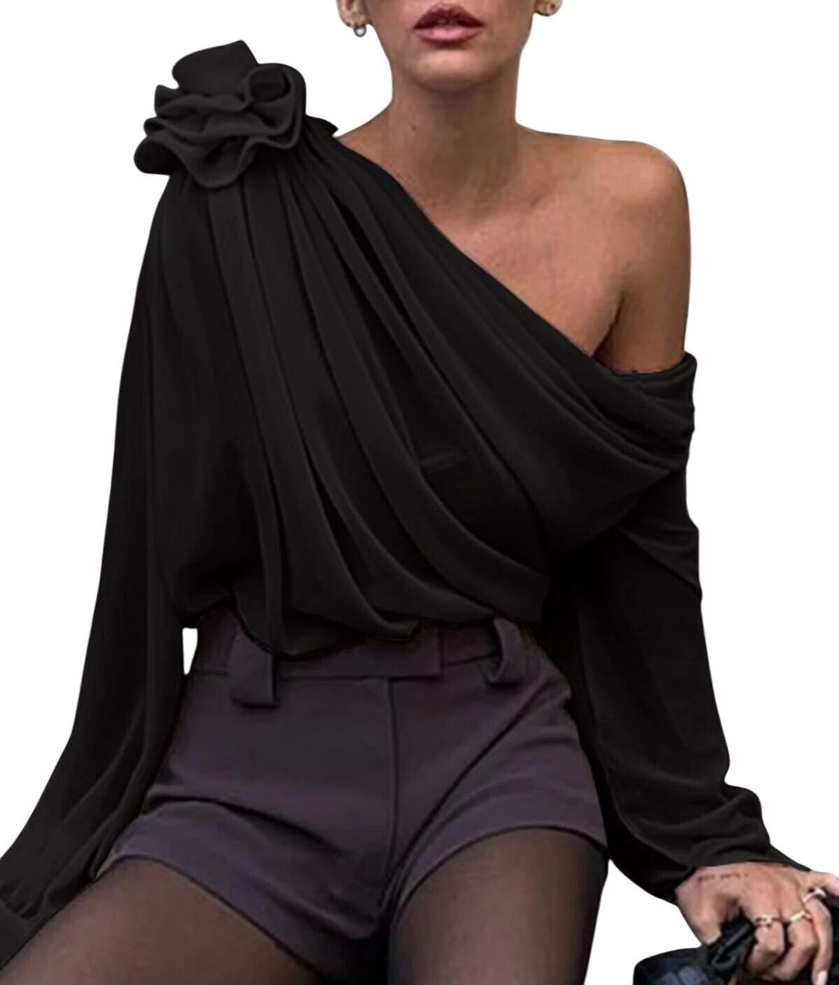 NWT Commense Sheer Black One-Shoulder Blouse W/ Rosette Detail Long Sleeve XL