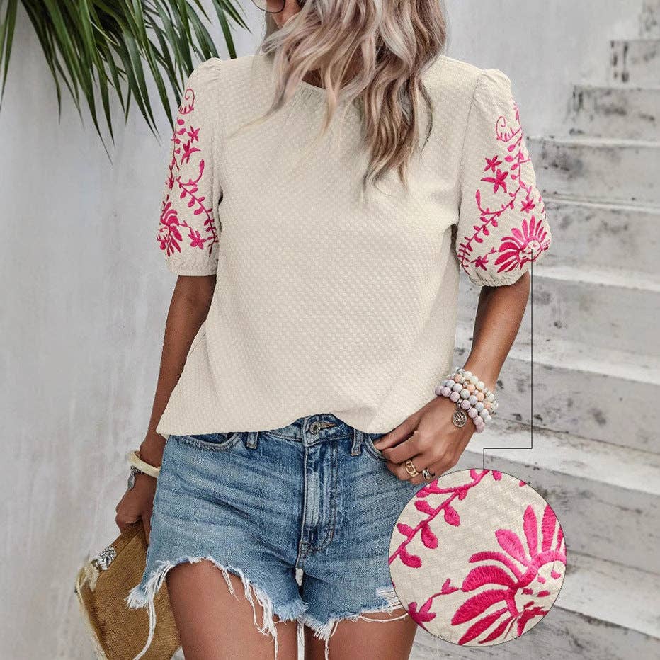 Puff Sleeve Embroidered Blouse for Women Summer: Green / 95% and above polyester (polyester fiber) / M
