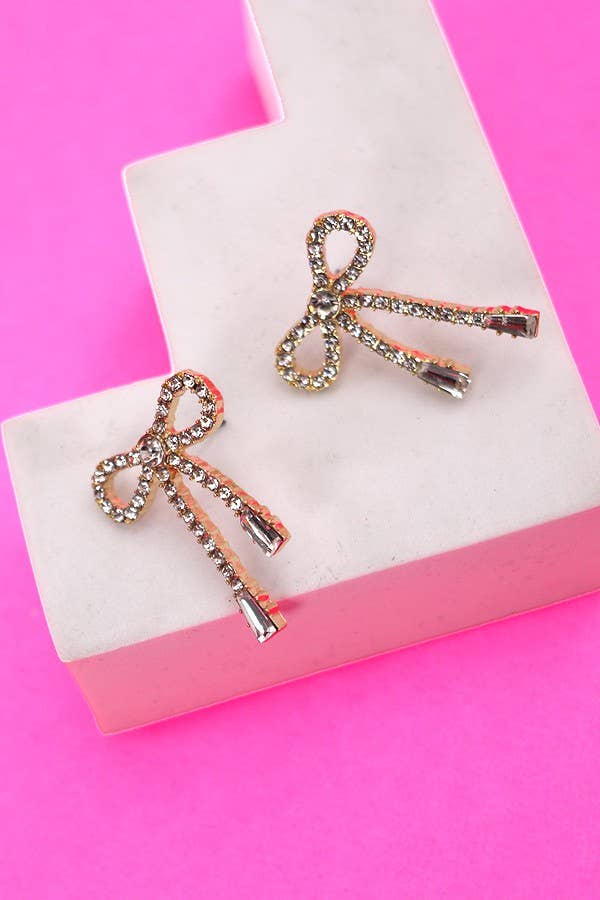 RHINESTONE BOW DROP EARRING - GOLD