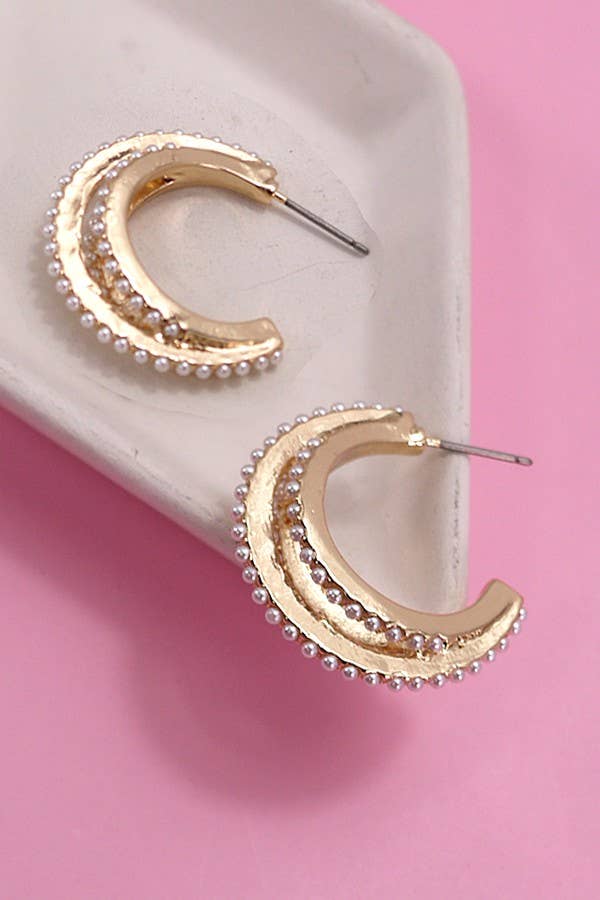 3 ROW PEARL HOOP EARRINGS GOLD TONE