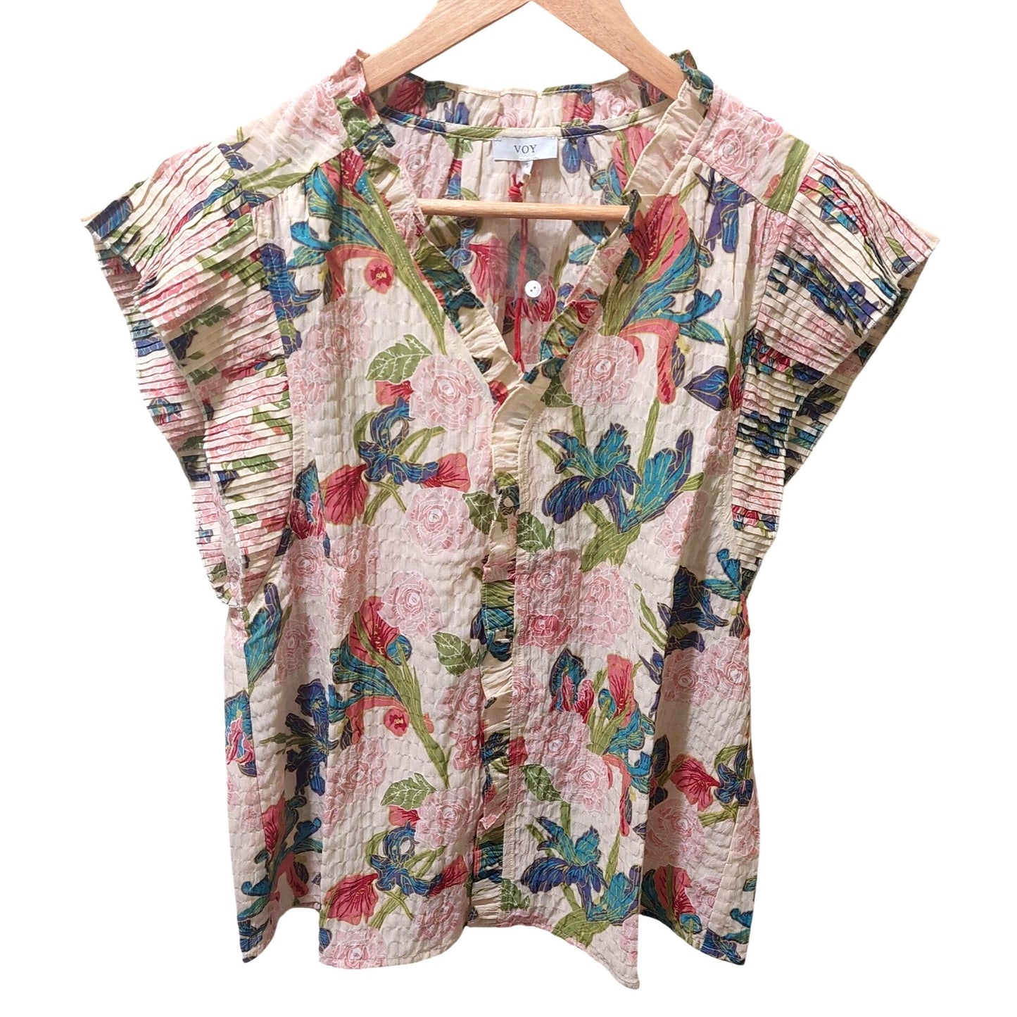 Voy Floral Ruffle Sleeve Button-Front Blouse~Ruffle Front~Pleated Sleeve~SMALL