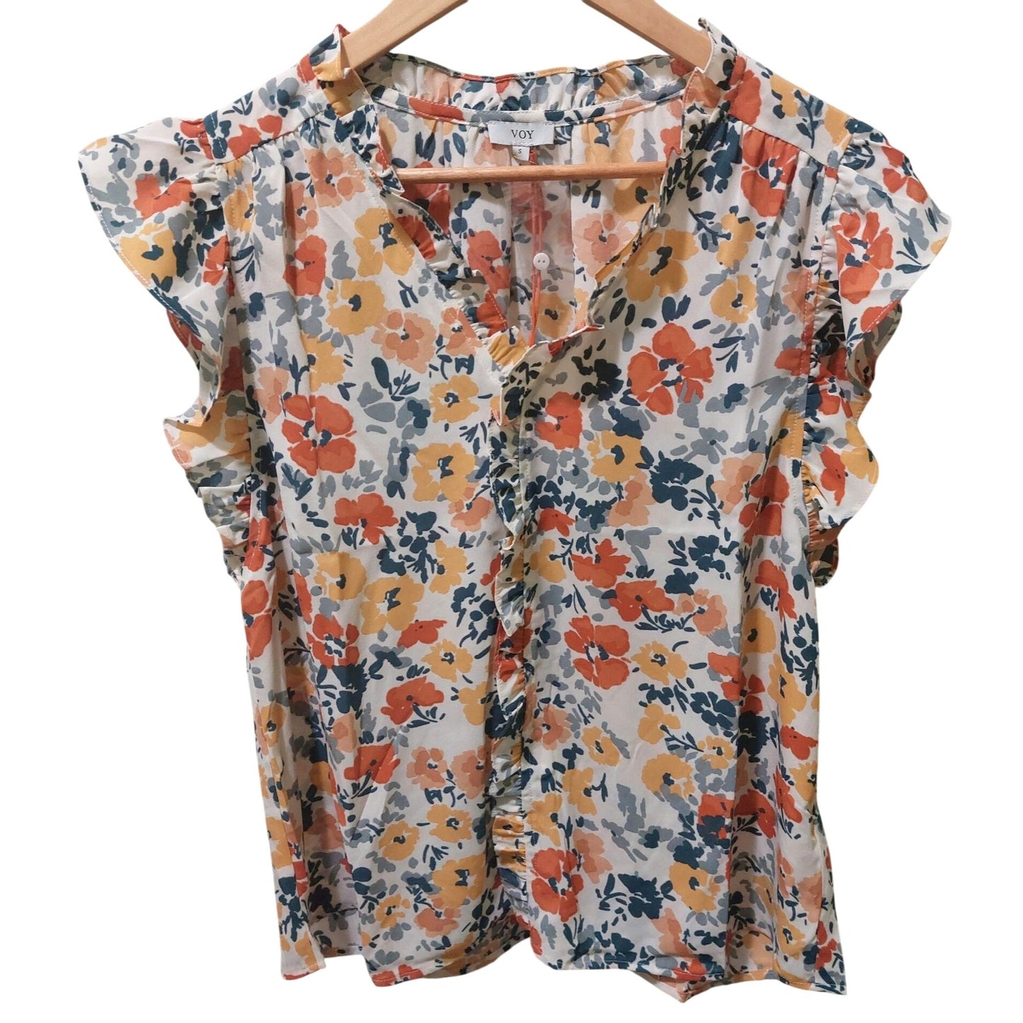 Voy Floral Ruffle Sleeve Blouse~Hidden Buttons~Fall Colors~Size SMALL