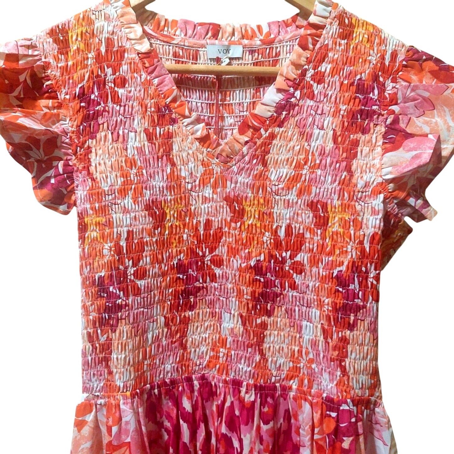 Voy Pink/Orange Floral Smocked Midi Dress With Ruffled Sleeves~SMALL