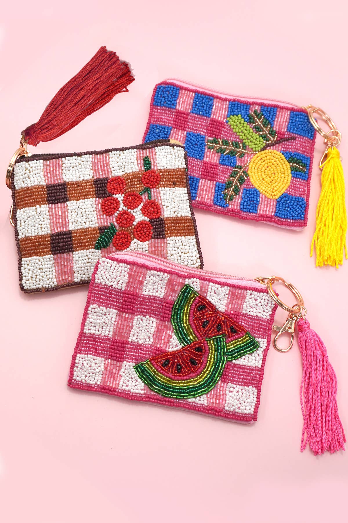 CHECKER FRUIT SEED BEAD COIN TASSEL PURSE 91CP1008: CHERRY 980