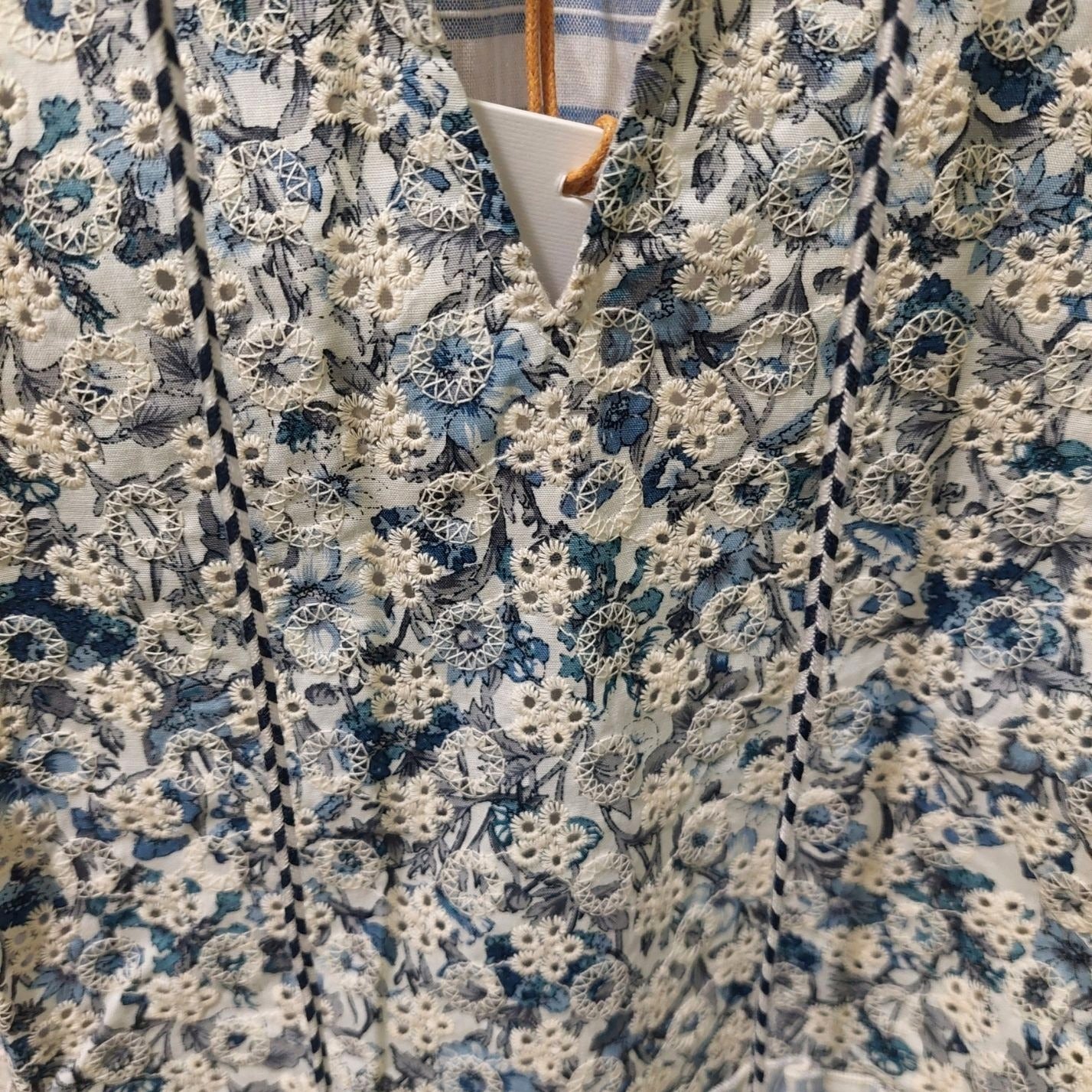 Voy Womens Blue Floral & Stripe Embroidered V-Neck Blouse~Boho~SMALL