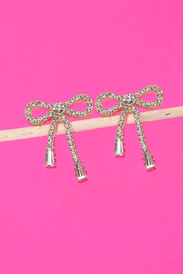 RHINESTONE BOW DROP EARRING - GOLD