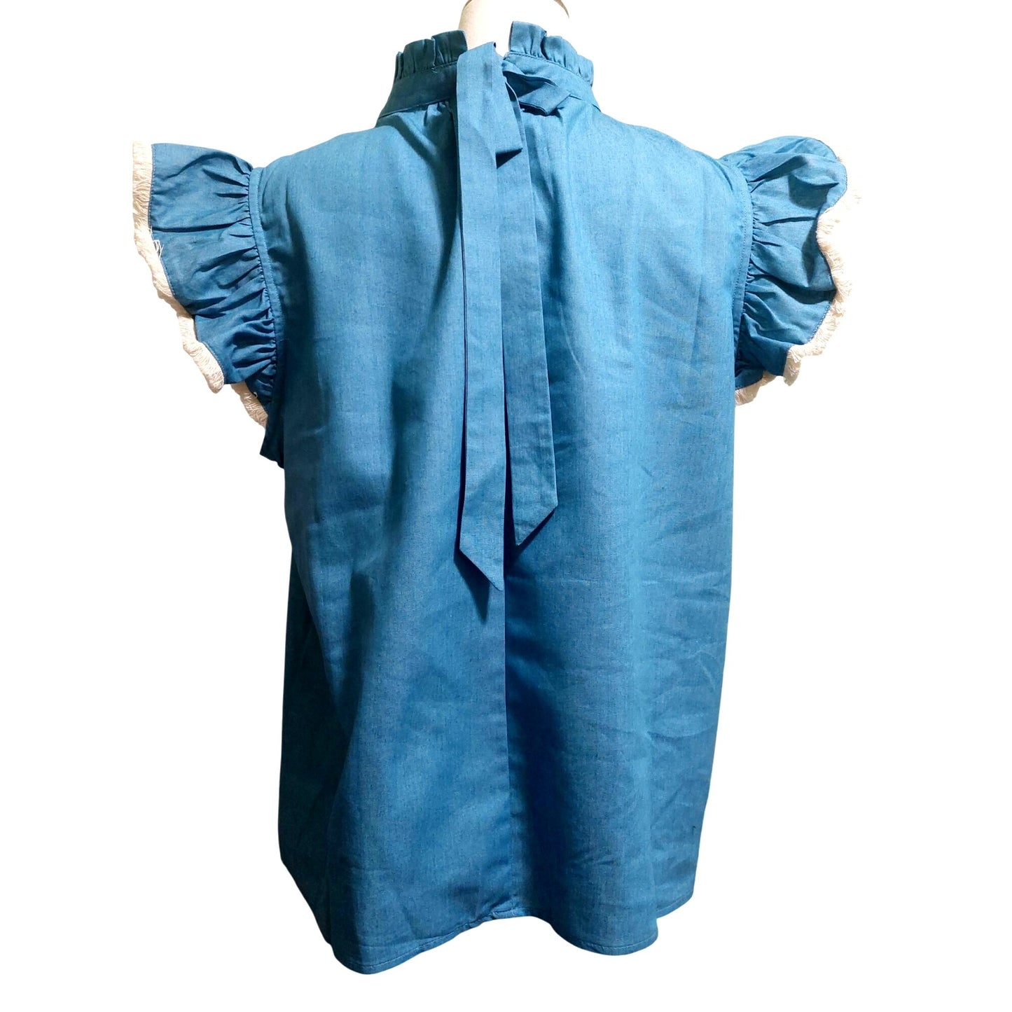 Voy Blue Sleeveless Ruffle Top With Tie Back~Fringe Tip Sleeve~Size LARGE