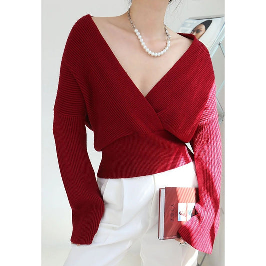 Commense Women's Red Ribbed Wrap Sweater Size XL