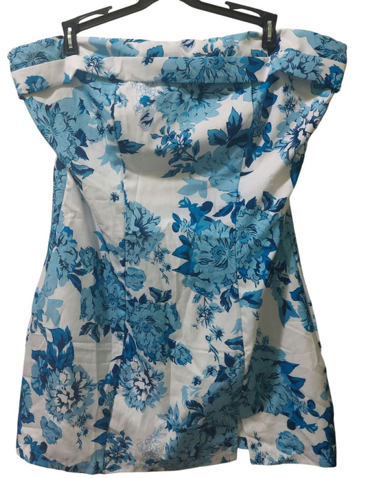 NWT Commense Women's  Blue Floral Fold Over Strapless Dress XL