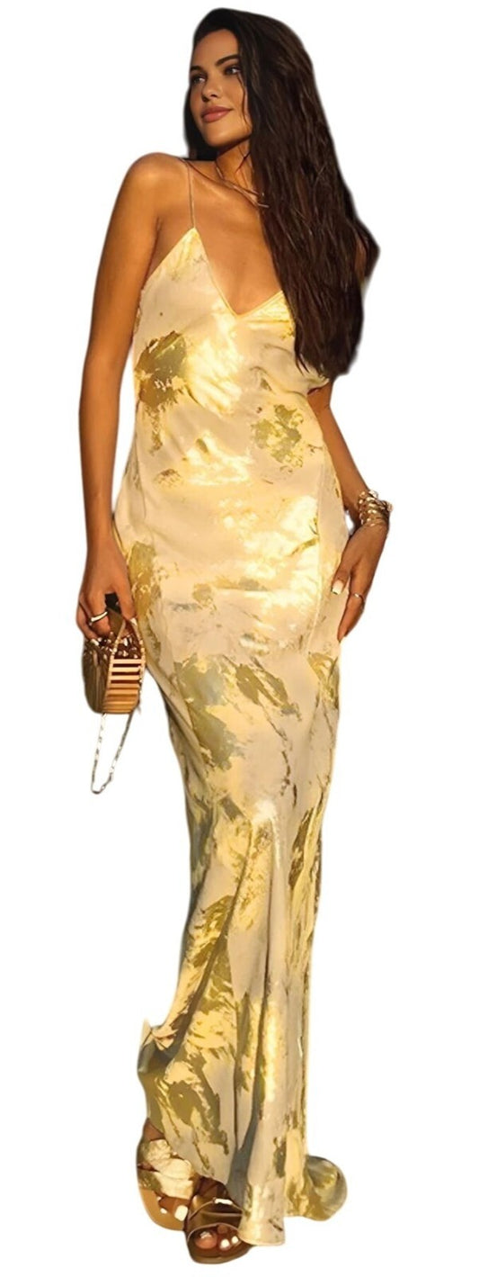 NWT Commense Metallic Print Backless Maxi Dress Size XS