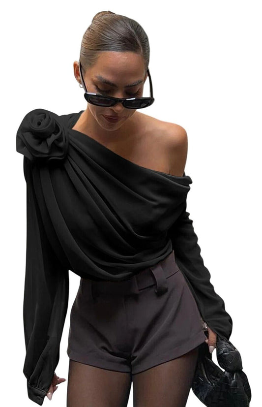NWT Commense Sheer Black One-Shoulder Blouse W/ Rosette Detail Long Sleeve XL