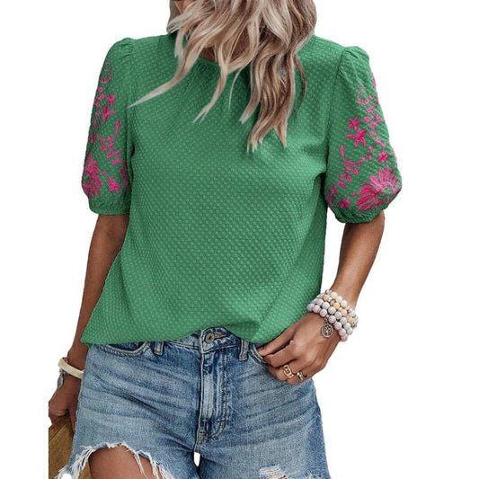 Puff Sleeve Embroidered Blouse for Women Summer: Green / 95% and above polyester (polyester fiber) / M