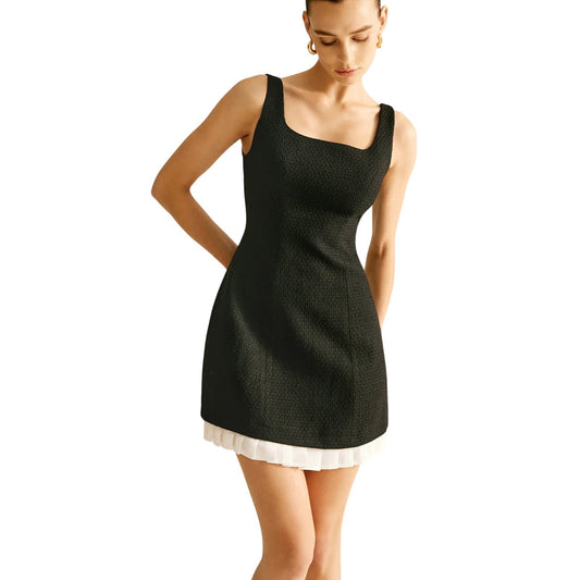 Commense Black Textured Mini Dress W/ White Pleated Hem & Back Zipper ~ Small