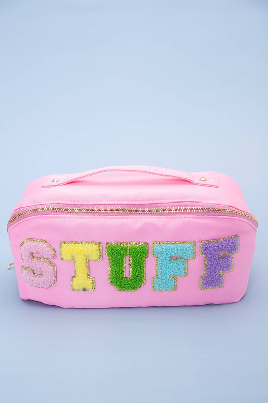 LARGE STUFF OPEN FLAT COSMETIC MAKEUP TRAVEL POUCH - HOT PINK