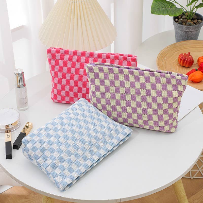 TRAVEL CHECKER MAKEUP COSMETIC POUCH BAG | 40P528: HOT PINK