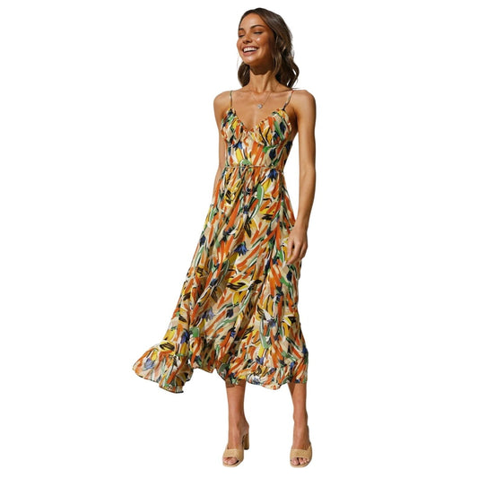 NWT Commense Multi Color Midi Dress W/ Adj. Spaghetti Straps~Ruffled Hem~Medium