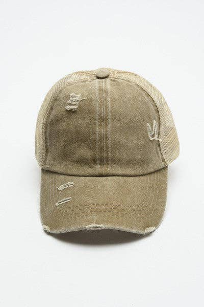 PREMIUM DISTRESS MESH BACK BASEBALL CAP | 40HW700: KHAKI
