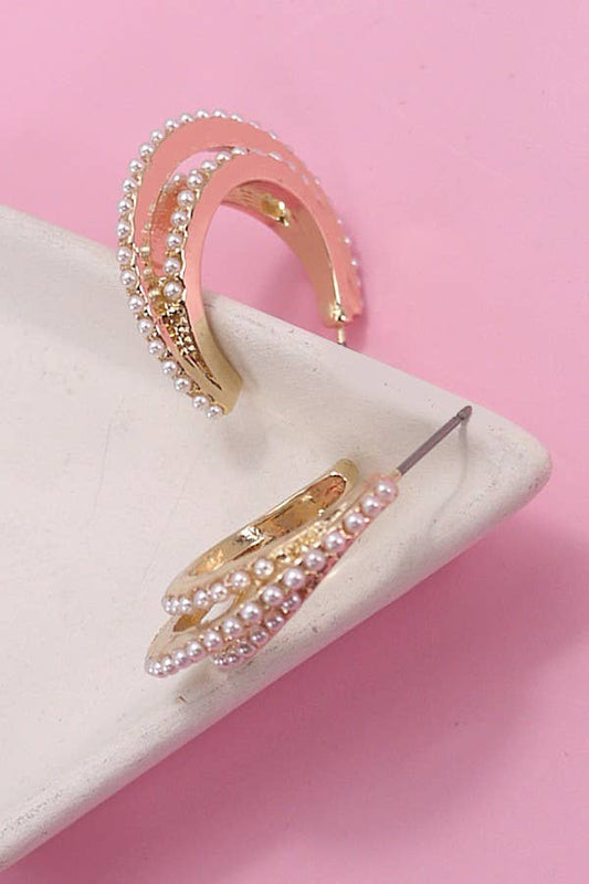 3 ROW PEARL HOOP EARRINGS GOLD TONE