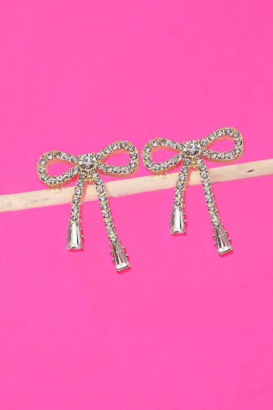 RHINESTONE BOW DROP EARRING - GOLD